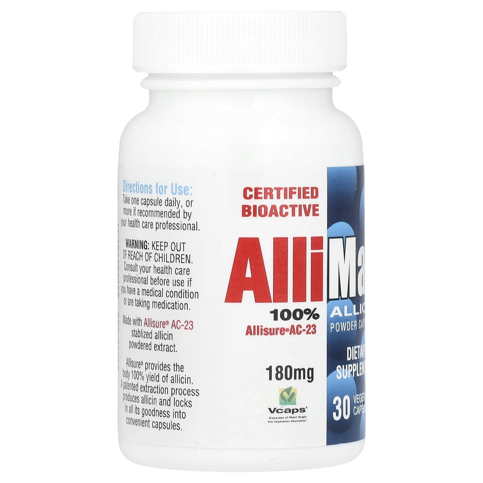 Allimax 100% Allicin Powder Capsules, 180 mg, 30 Vegetarian Capsules