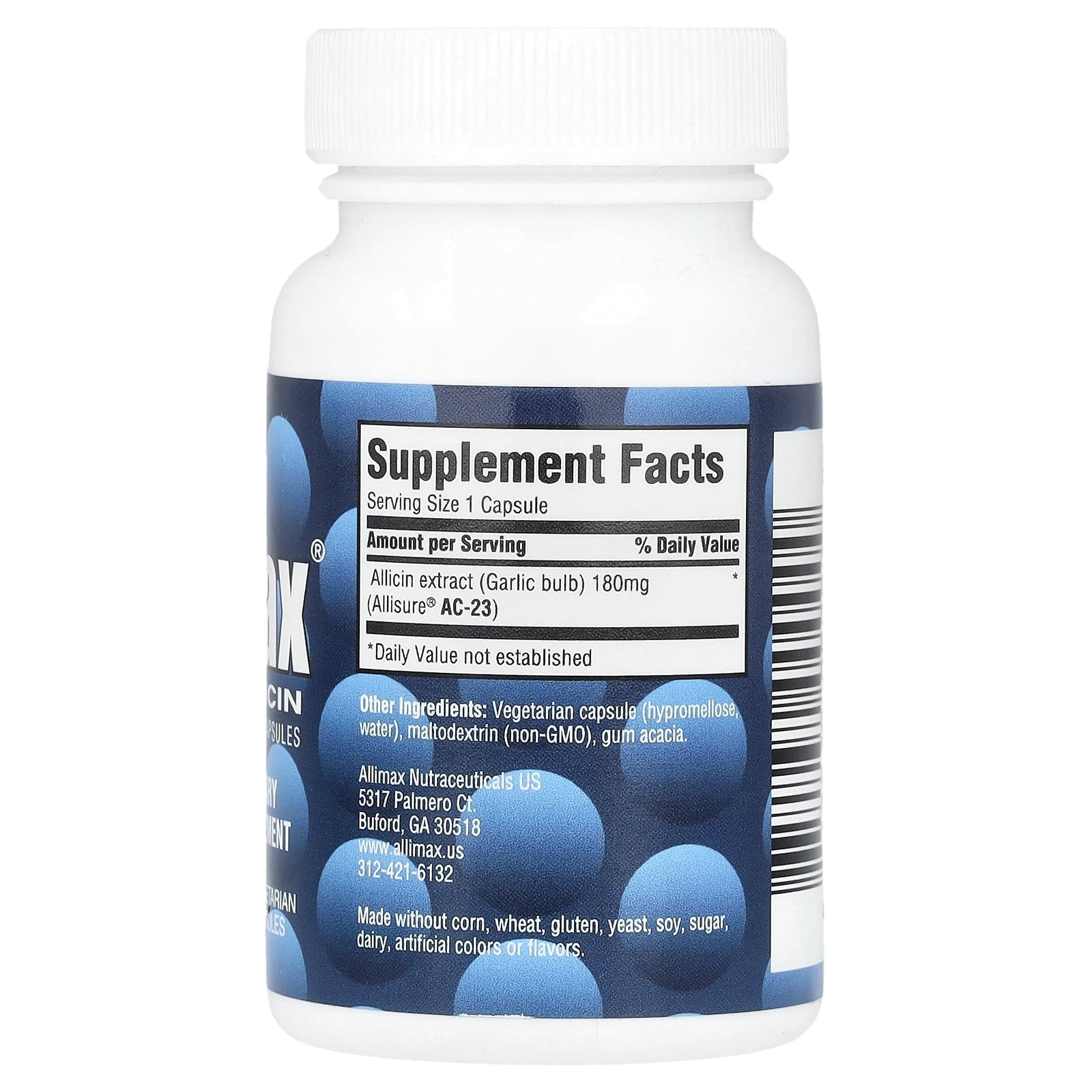 Allimax 100% Allicin Powder Capsules, 180 mg, 30 Vegetarian Capsules